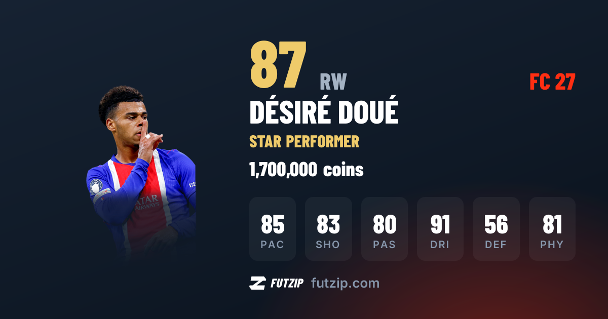 Désiré Doué Star Performer EA FC 27 — 87 price & stats · FUTZIP